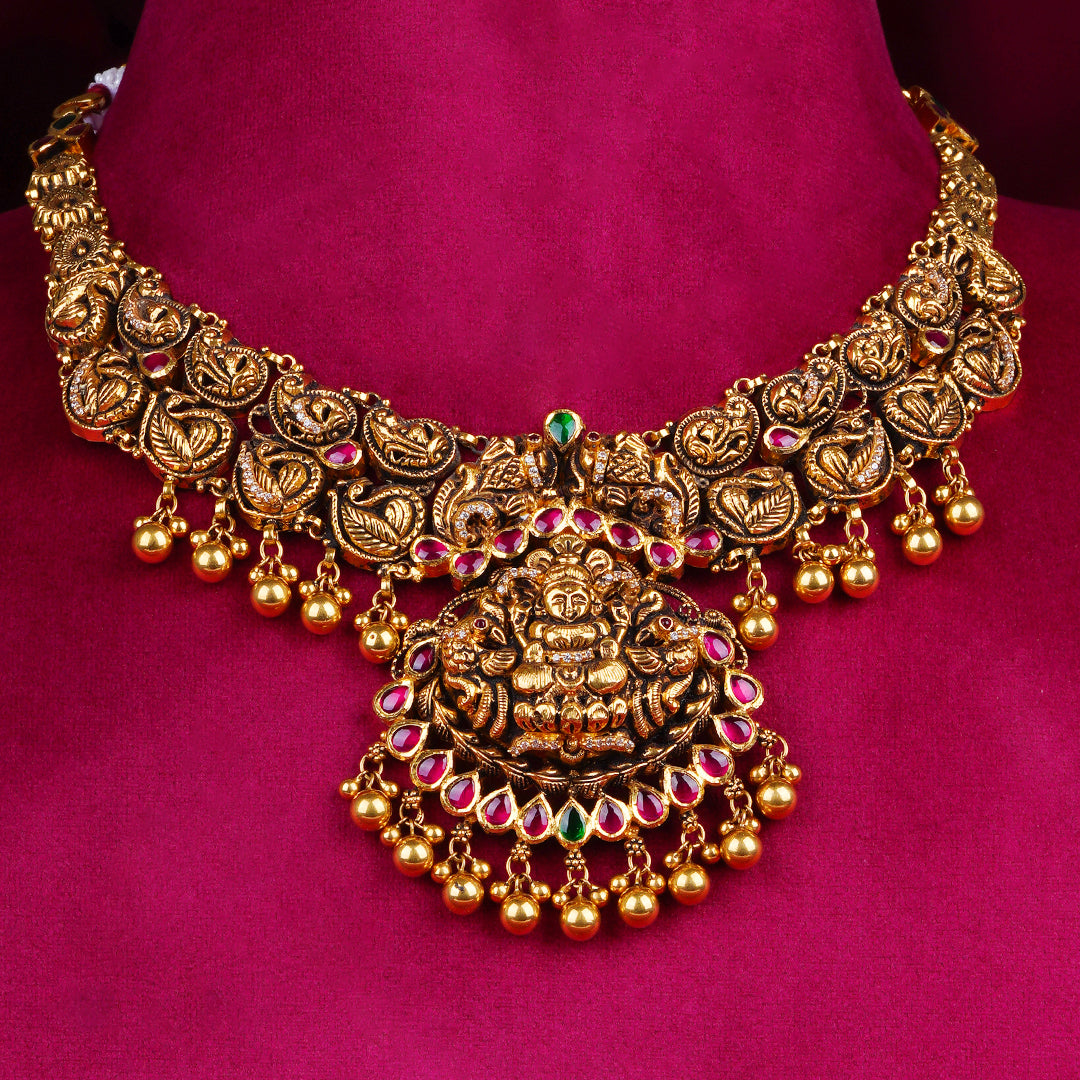Temple Lakshmi Antique Gold Necklace with Ruby & Green Stones