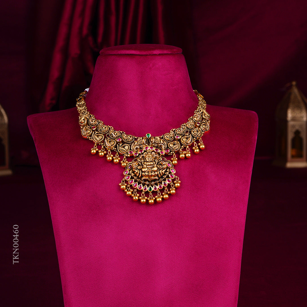 Temple Lakshmi Antique Gold Necklace with Ruby & Green Stones