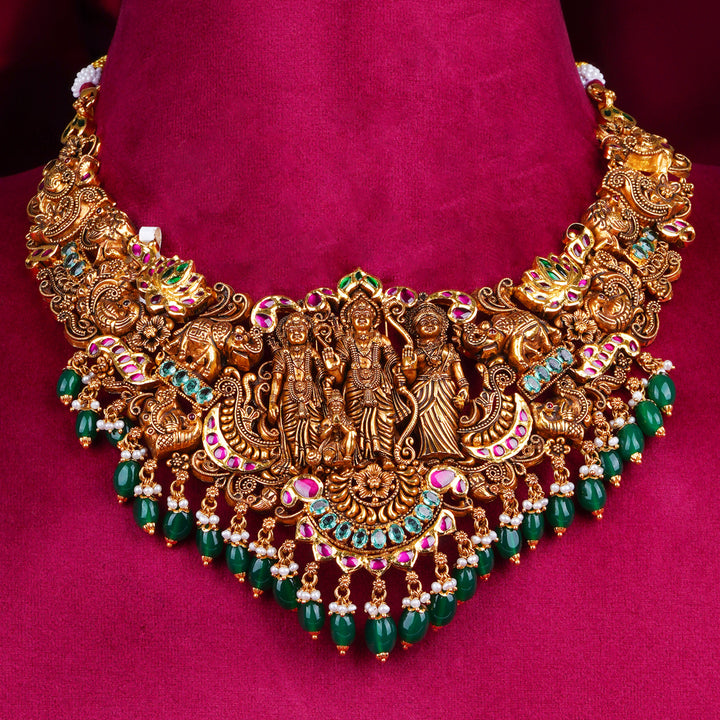 Grand Temple Gold Necklace with Lakshmi Motif & Green Beads