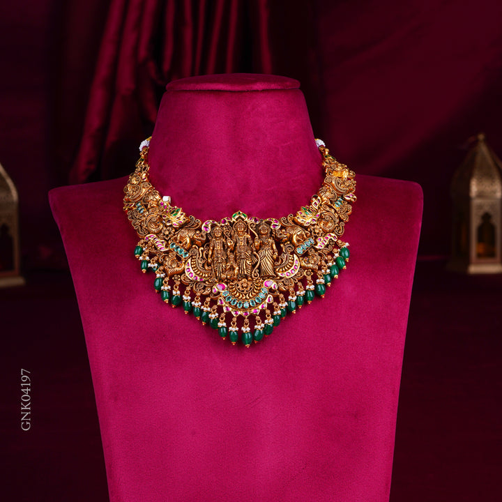 Grand Temple Gold Necklace with Lakshmi Motif & Green Beads