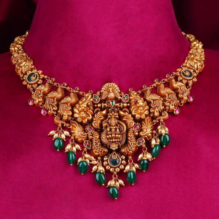 Temple Lakshmi Antique Gold Necklace with Green Beads