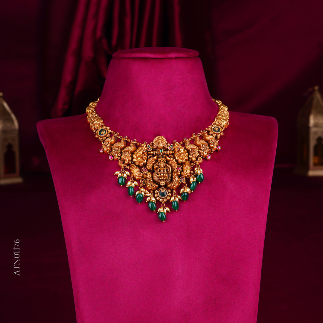 Temple Lakshmi Antique Gold Necklace with Green Beads
