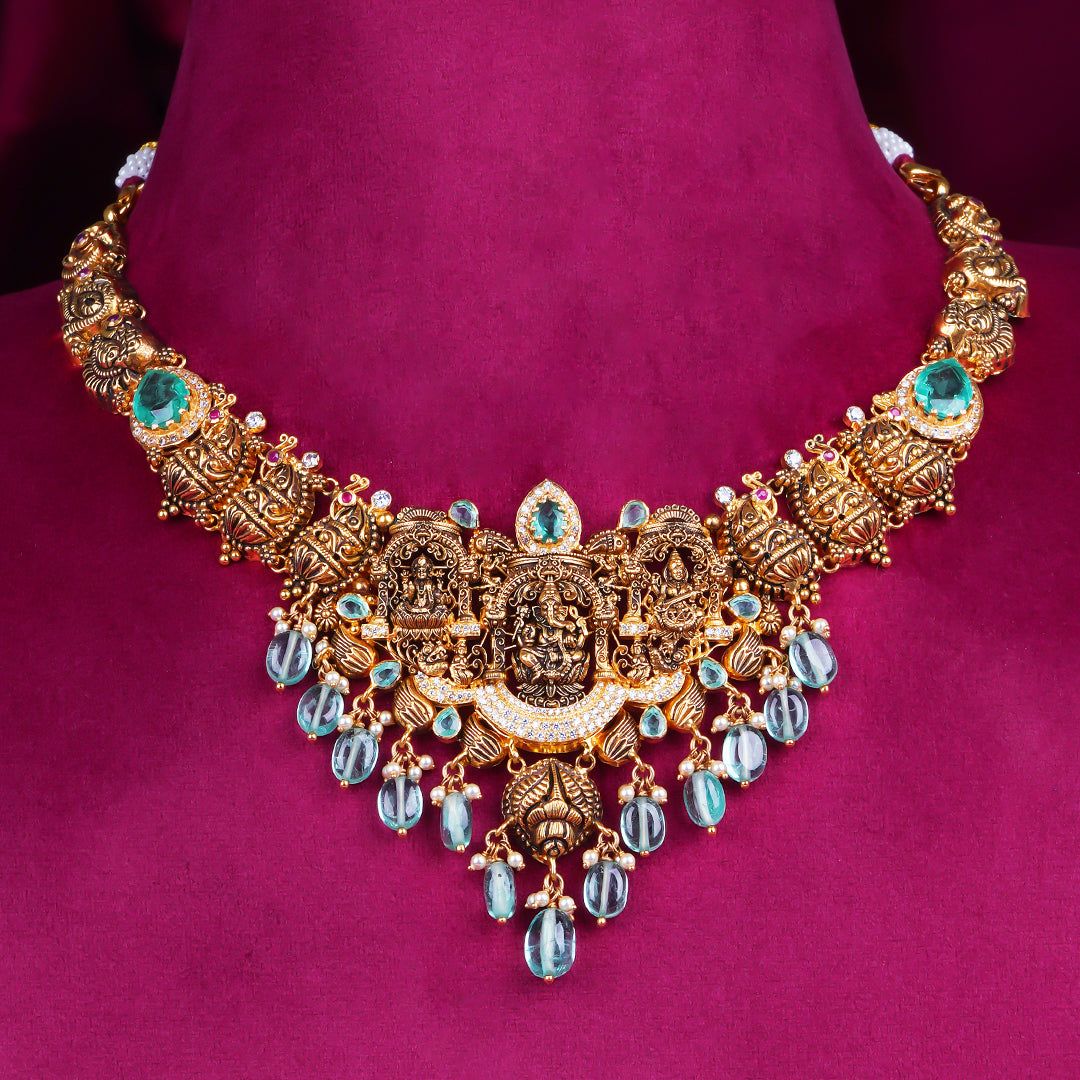 Temple Lakshmi Antique Gold Necklace with Blue Stones