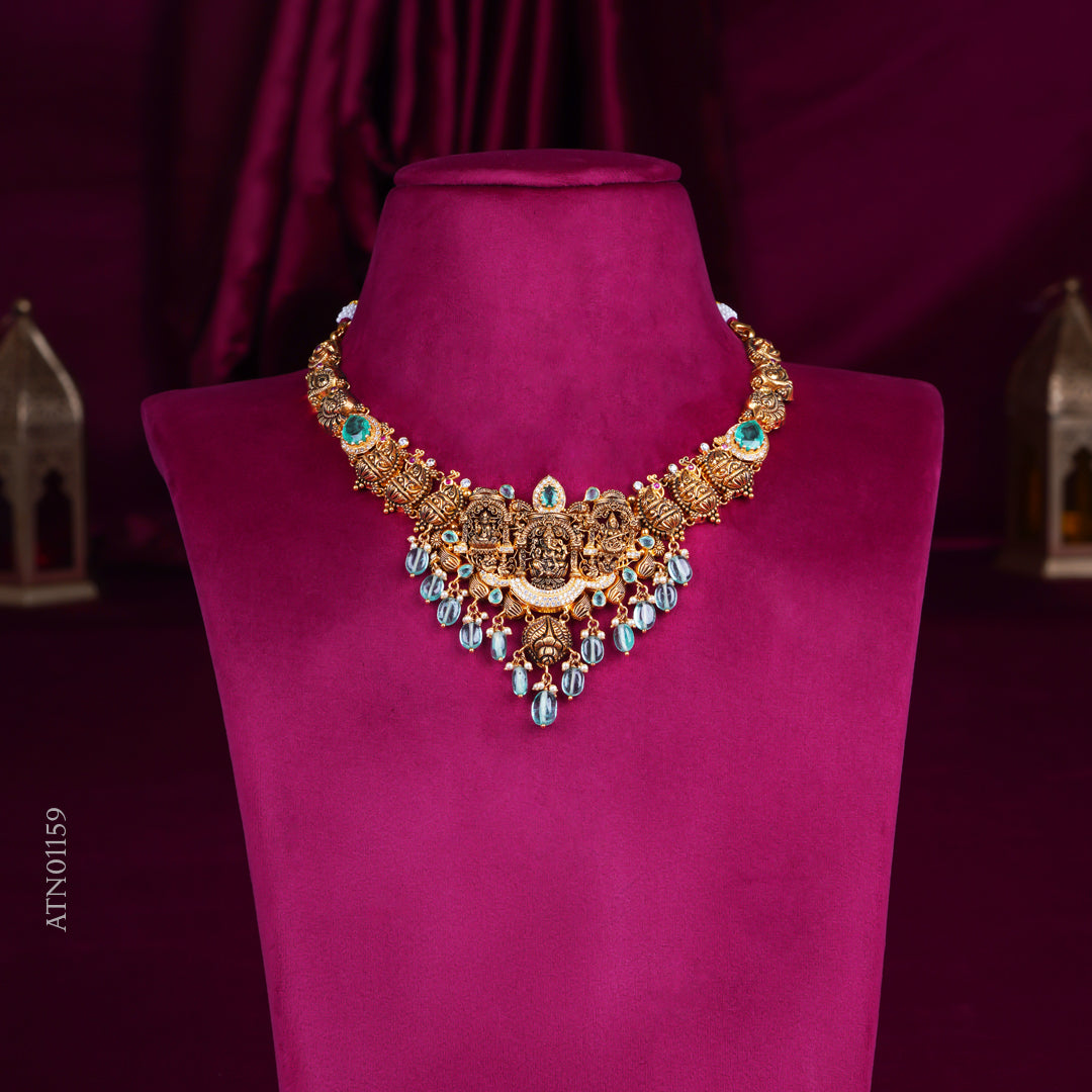 Temple Lakshmi Antique Gold Necklace with Blue Stones
