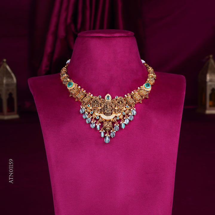Temple Lakshmi Antique Gold Necklace with Blue Stones