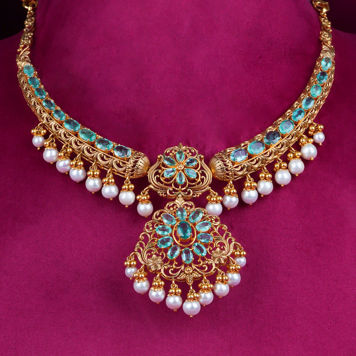 Antique Gold Floral Necklace with Blue Stones & Pearls