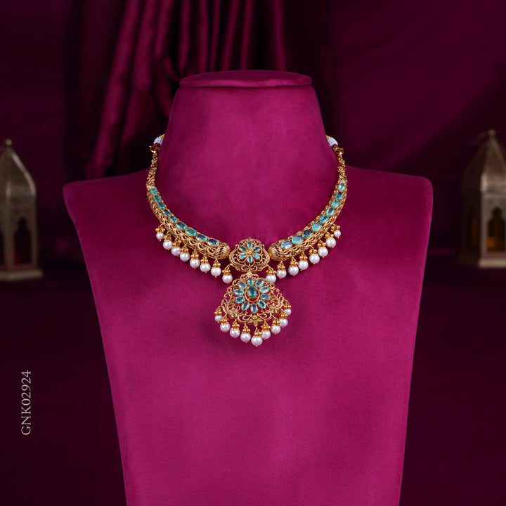 Antique Gold Floral Necklace with Blue Stones & Pearls