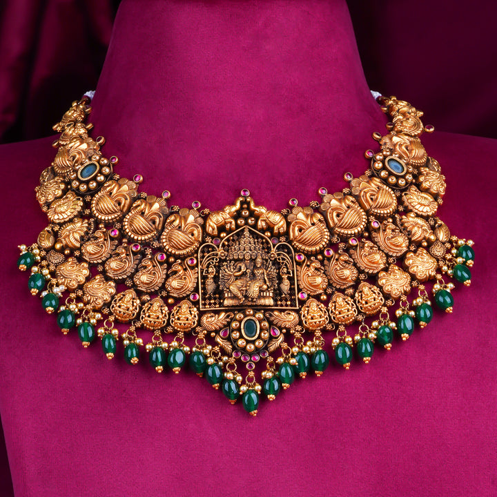 Grand Temple Lakshmi Antique Gold Necklace with Green Beads