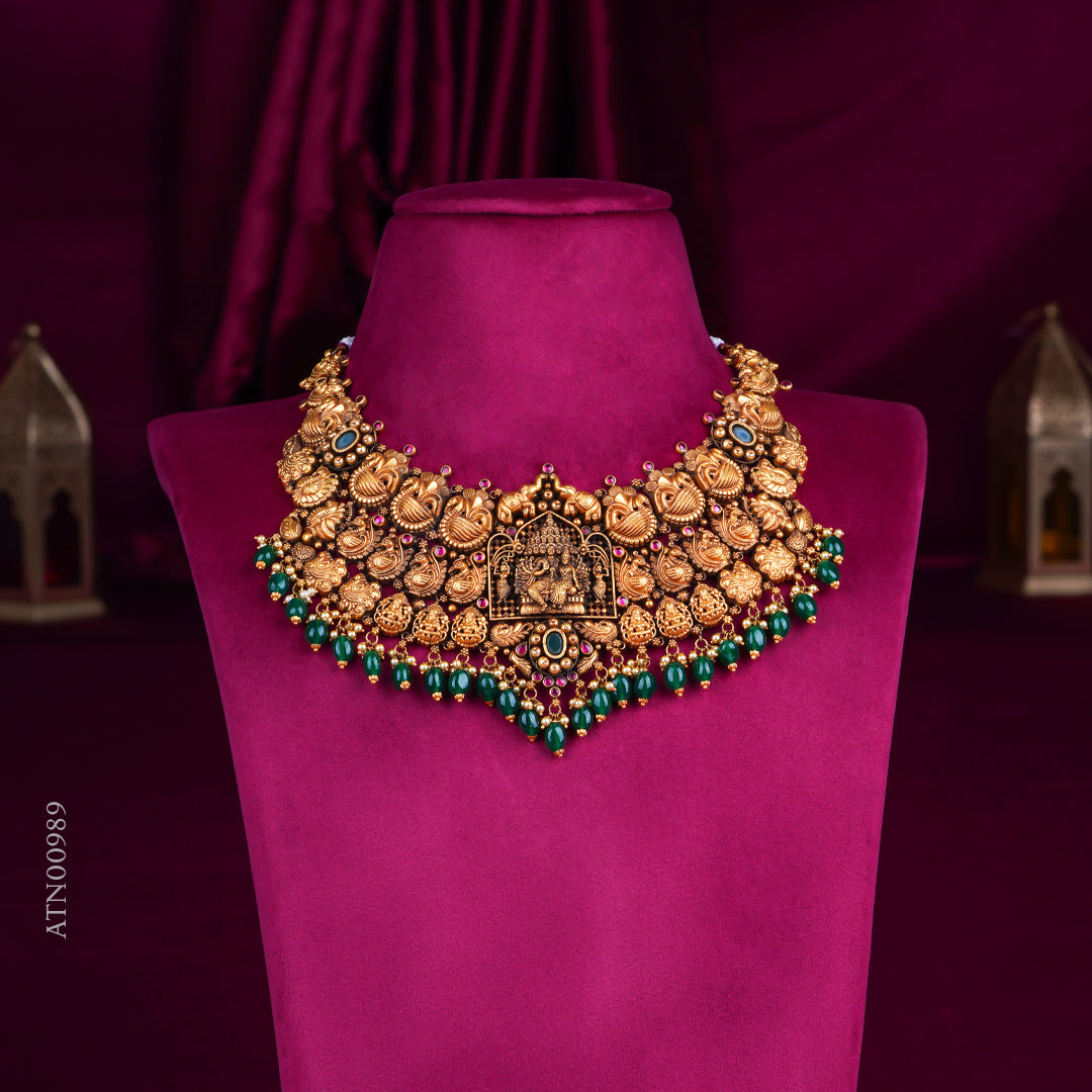 Grand Temple Lakshmi Antique Gold Necklace with Green Beads