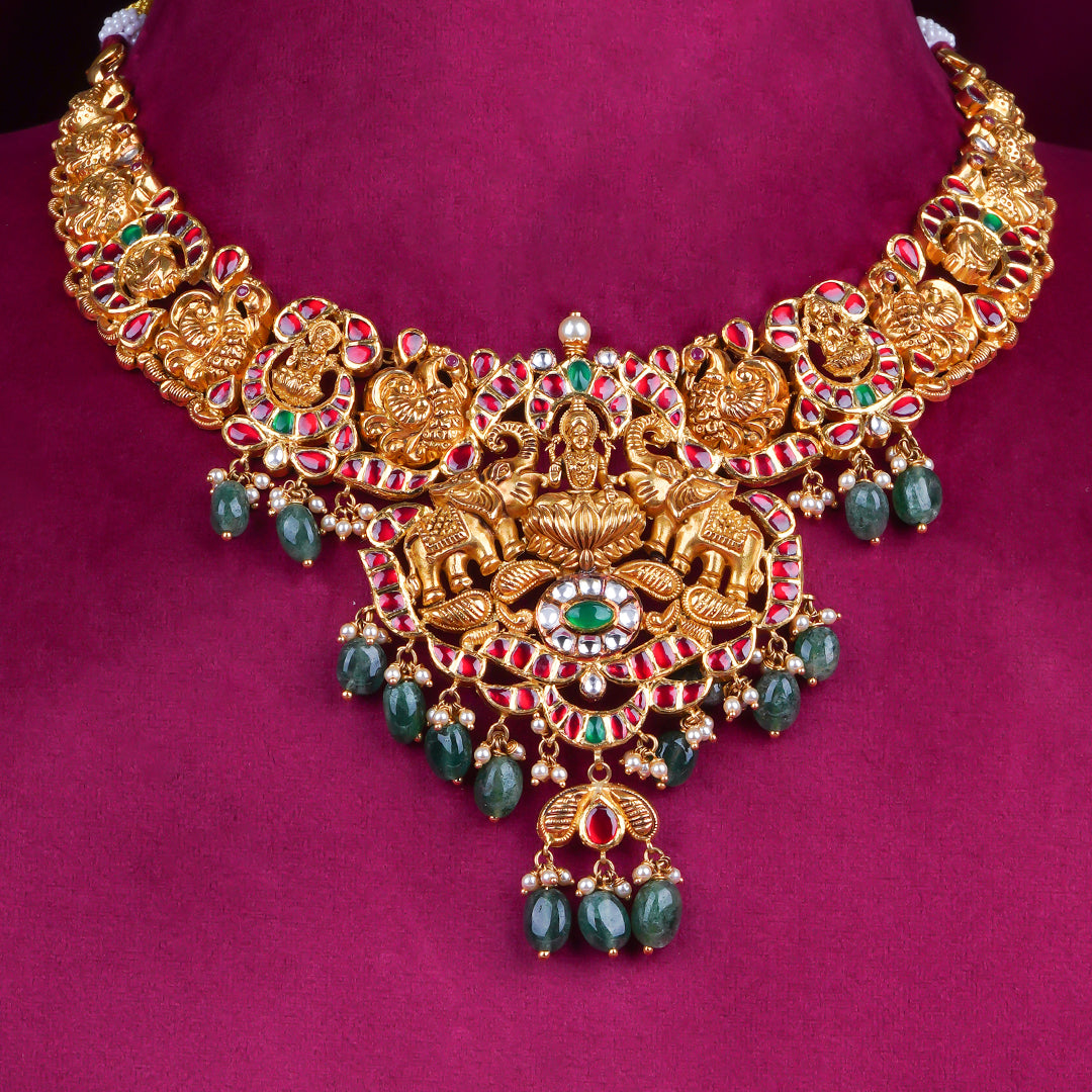 Temple Lakshmi Gold Necklace with Ruby Stones