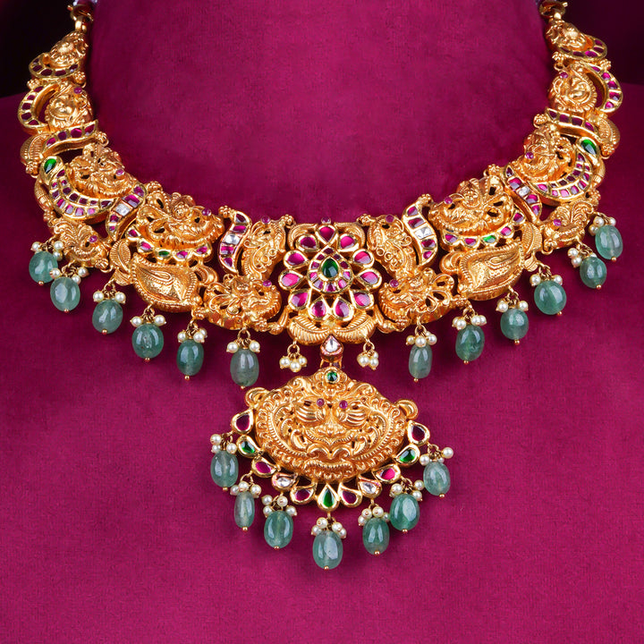 Temple Lakshmi Antique Gold Necklace with Ruby & Green Beads