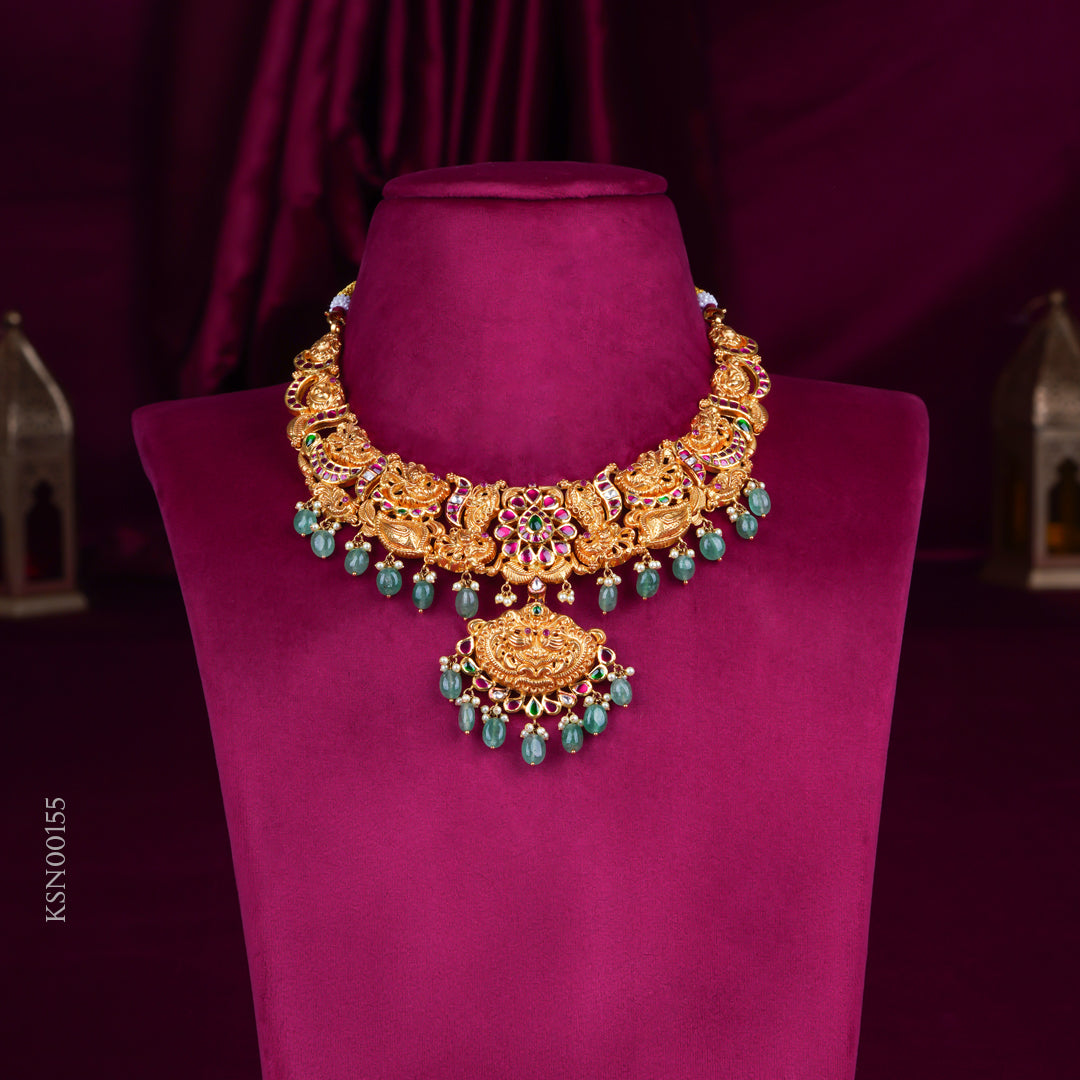 Temple Lakshmi Antique Gold Necklace with Ruby & Green Beads