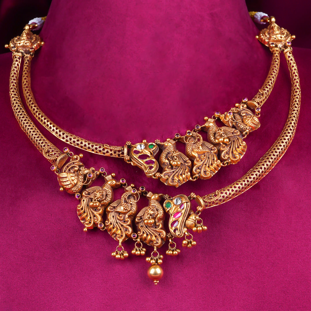 Temple Antique Gold Peacock Necklace with Lakshmi Motif