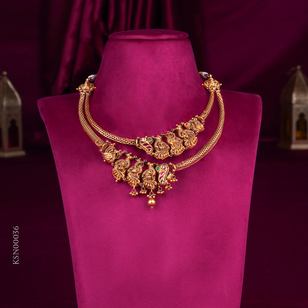 Temple Antique Gold Peacock Necklace with Lakshmi Motif