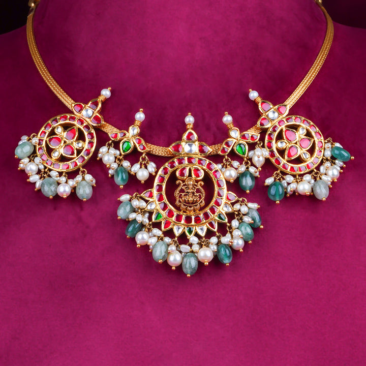 Temple Lakshmi Gold Necklace with Ruby Stones & Green Beads