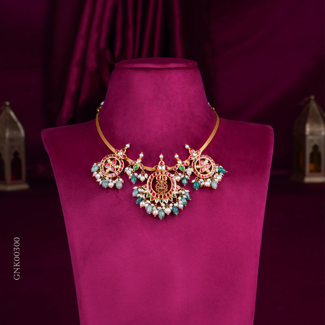 Temple Lakshmi Gold Necklace with Ruby Stones & Green Beads
