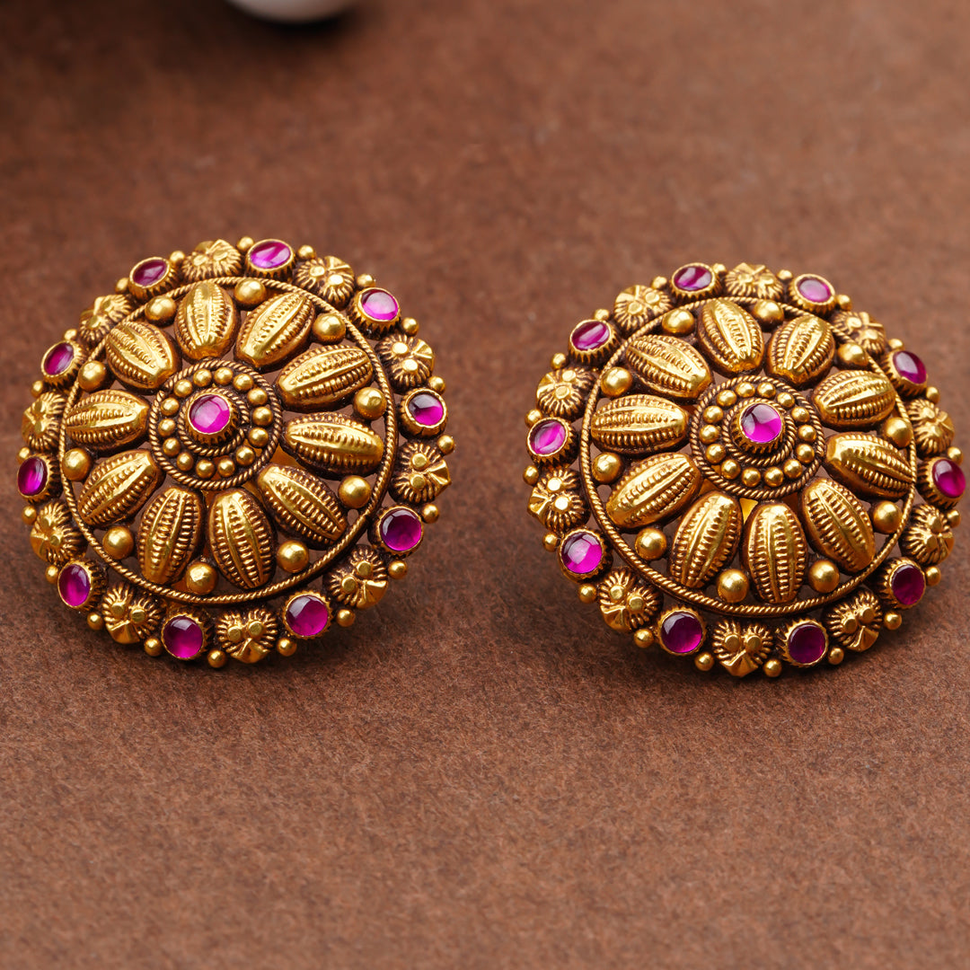 Antique Gold Stud Earrings with Ruby Stones