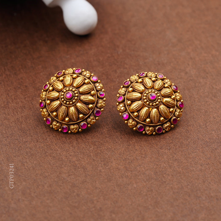 Antique Gold Stud Earrings with Ruby Stones