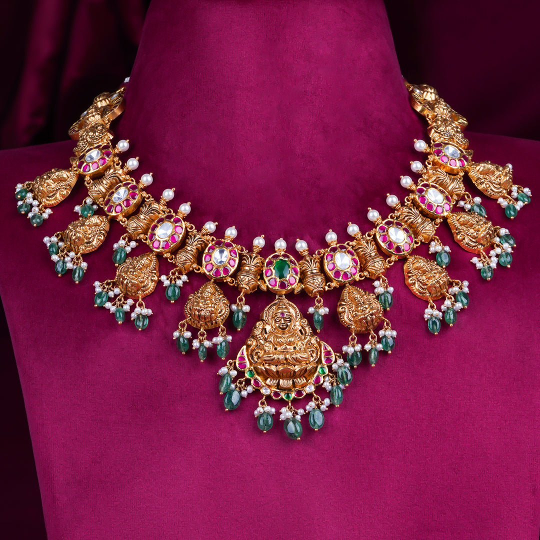 Temple Lakshmi Antique Gold Necklace with Ruby & Green Beads