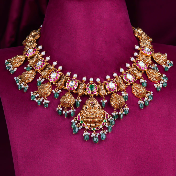 Temple Lakshmi Antique Gold Necklace with Ruby & Green Beads