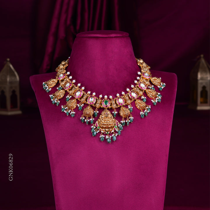 Temple Lakshmi Antique Gold Necklace with Ruby & Green Beads