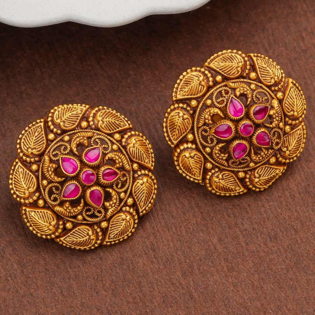 Antique Gold Stud Earrings with Ruby Stones