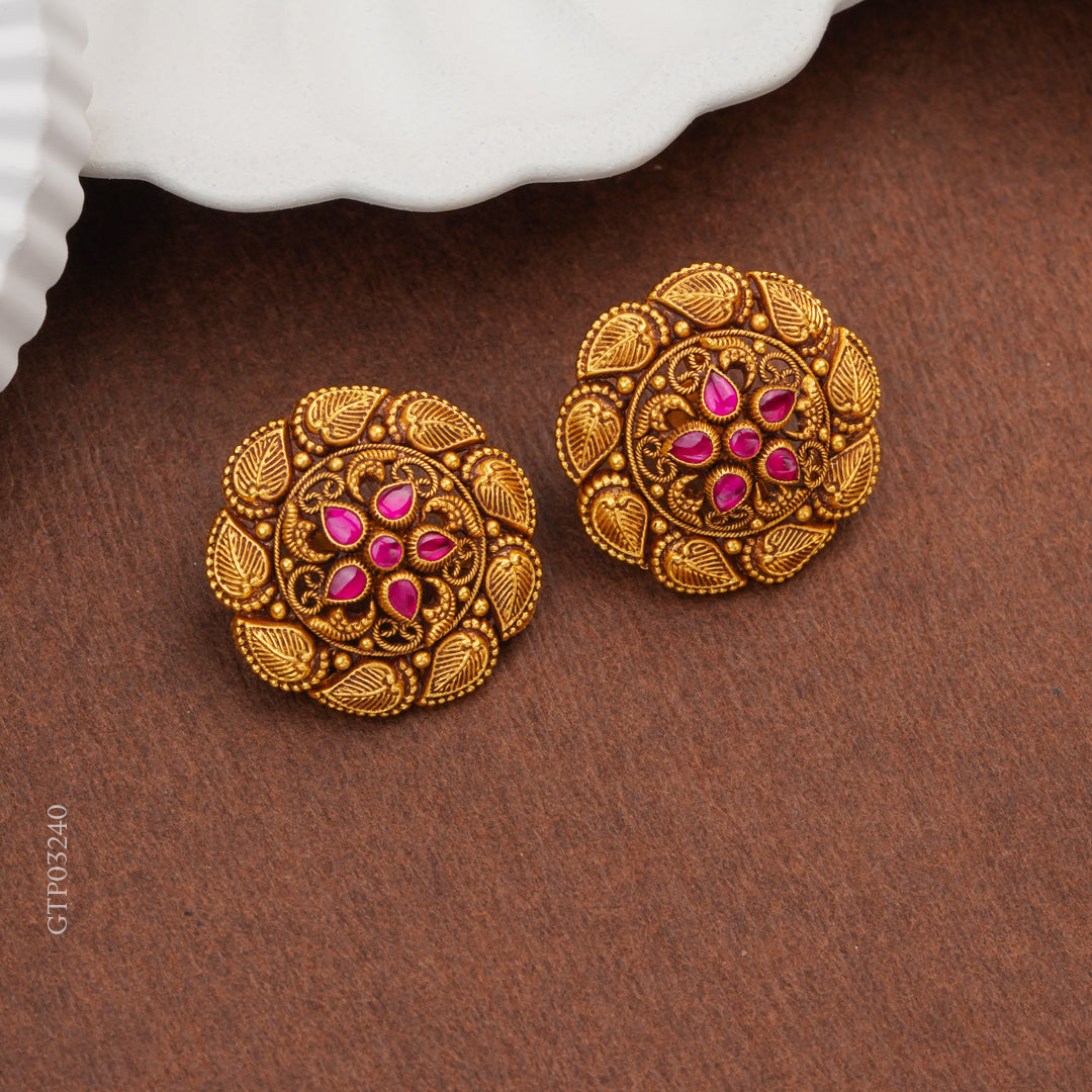 Antique Gold Stud Earrings with Ruby Stones