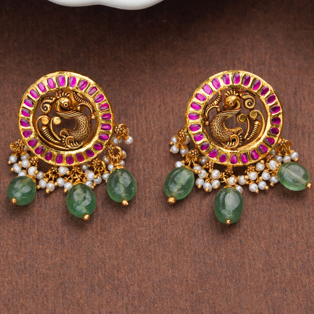 Antique Peacock Gold Earrings with Emerald Bead Drops