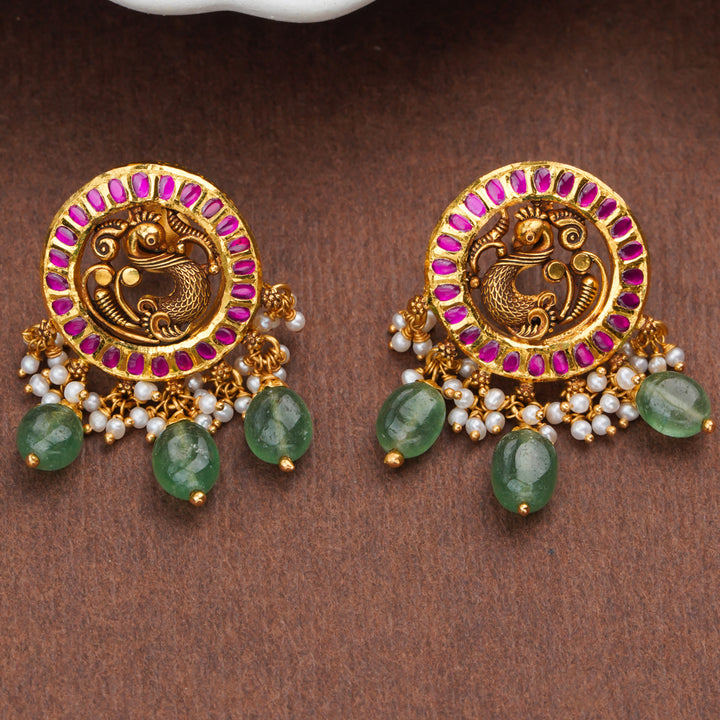 Antique Peacock Gold Earrings with Emerald Bead Drops