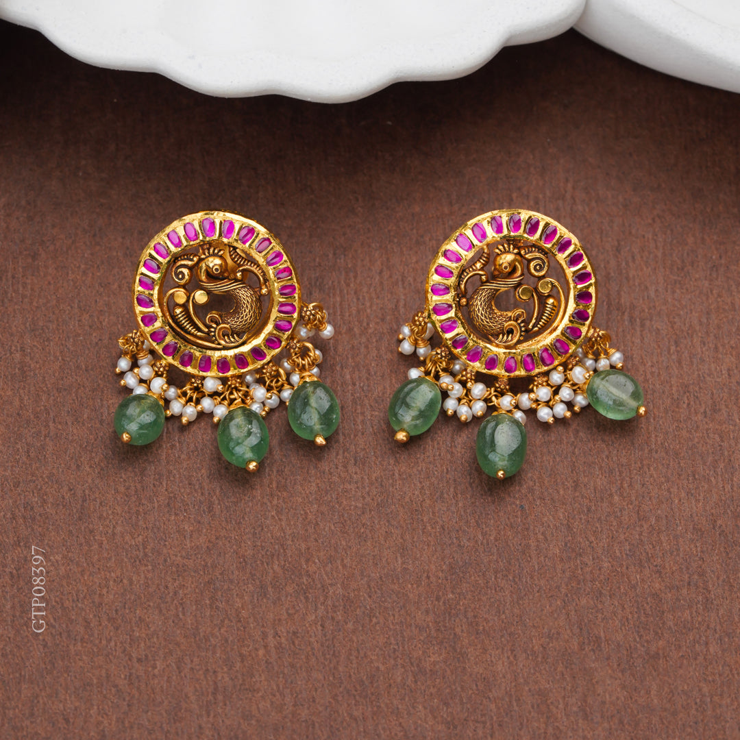 Antique Peacock Gold Earrings with Emerald Bead Drops