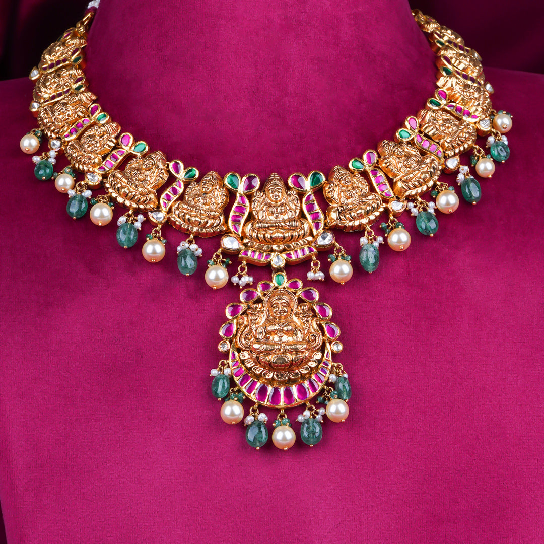 Temple Lakshmi Antique Gold Necklace with Ruby, Pearls & Green Beads