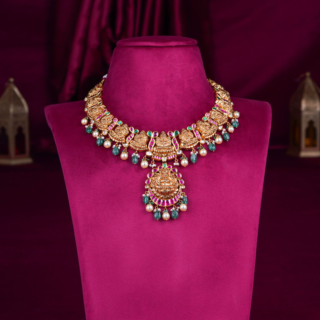 Temple Lakshmi Antique Gold Necklace with Ruby, Pearls & Green Beads