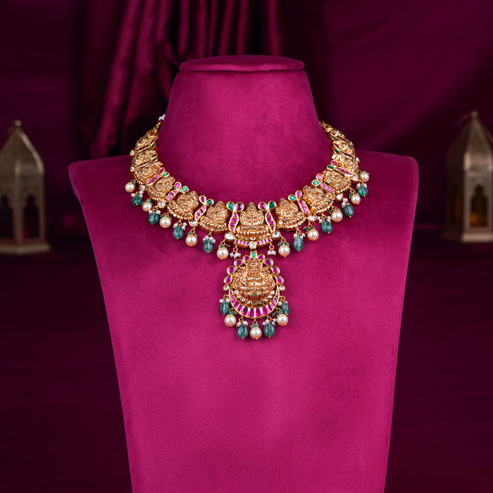 Temple Lakshmi Antique Gold Necklace with Ruby, Pearls & Green Beads