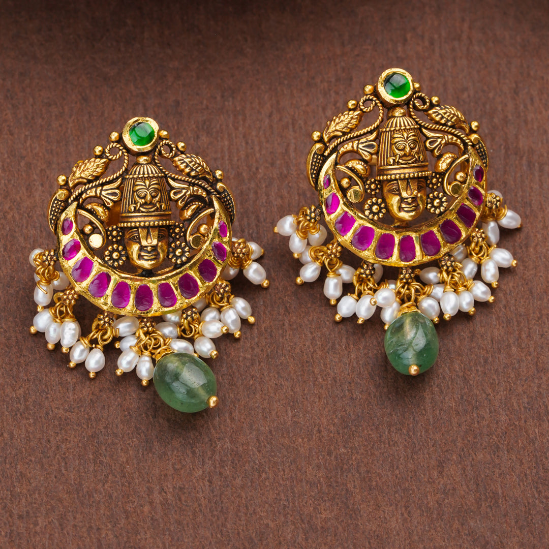 Temple Balaji Gold Earrings with Emerald Bead Drop