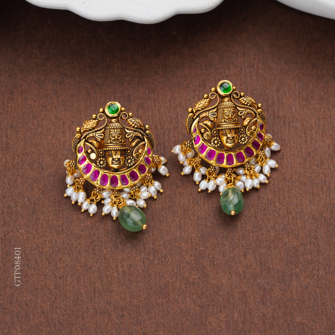 Temple Balaji Gold Earrings with Emerald Bead Drop