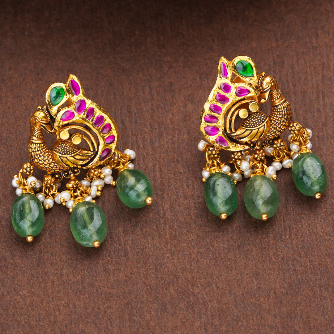 Antique Peacock Gold Earrings with Emerald Drops