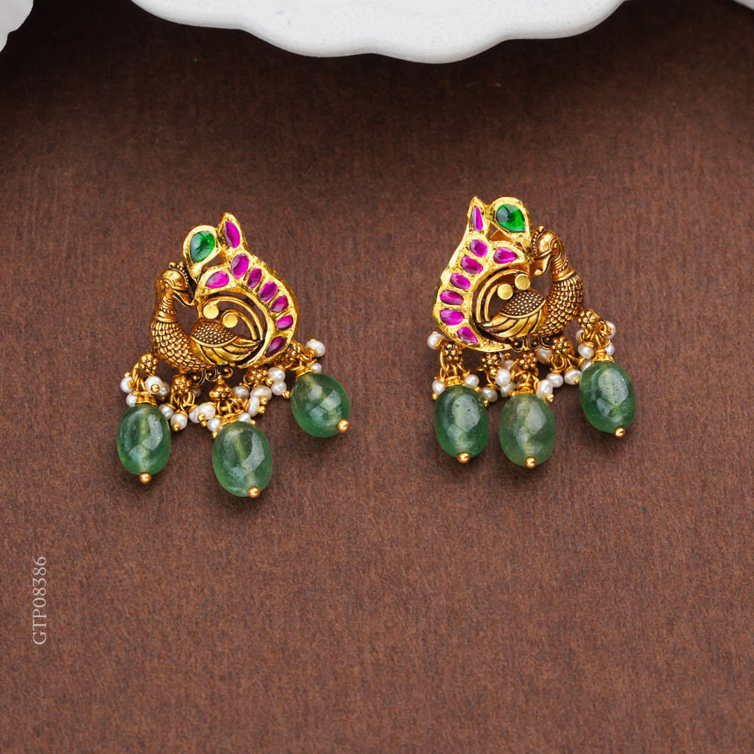 Antique Peacock Gold Earrings with Emerald Drops