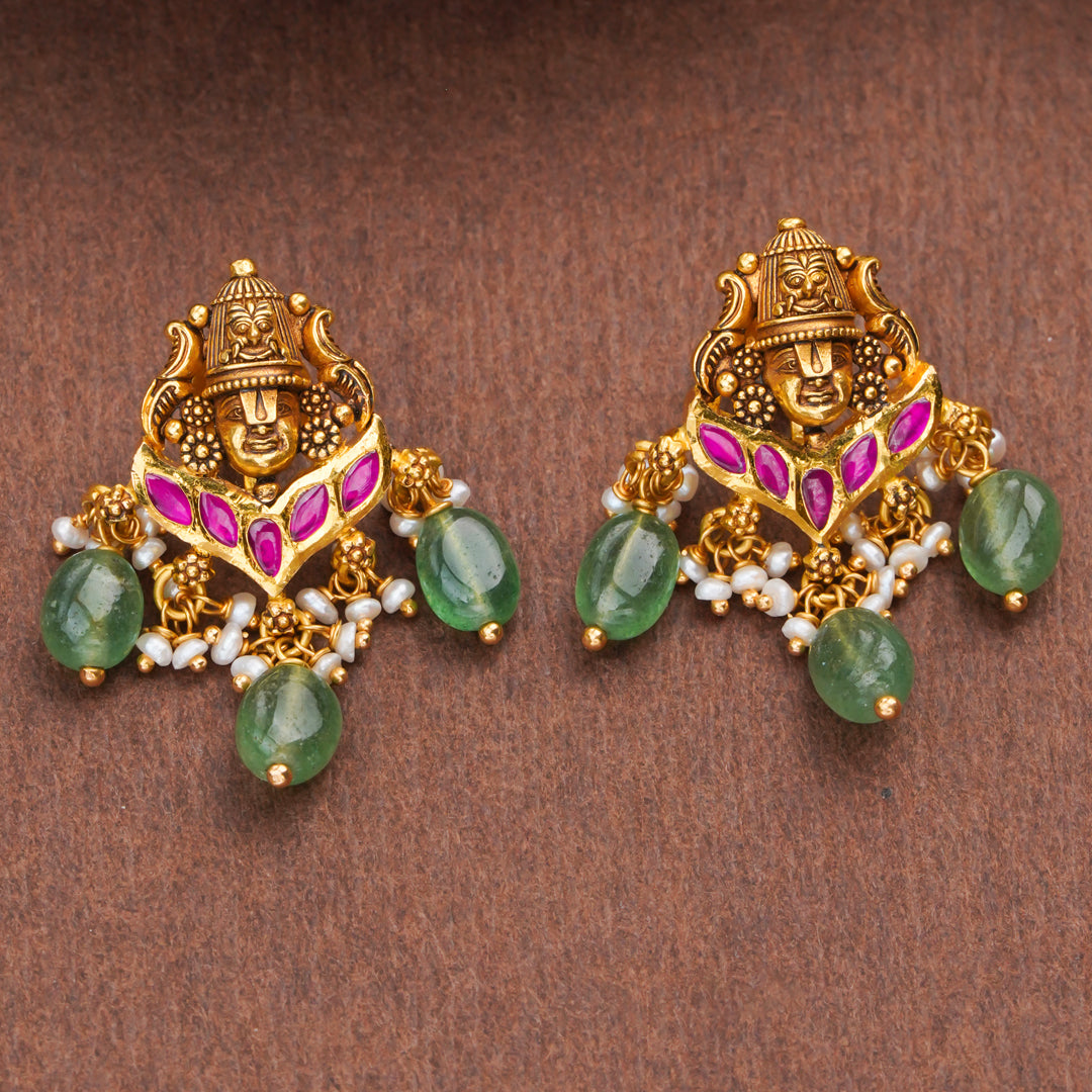 Temple Balaji Gold Earrings with Emerald Drops