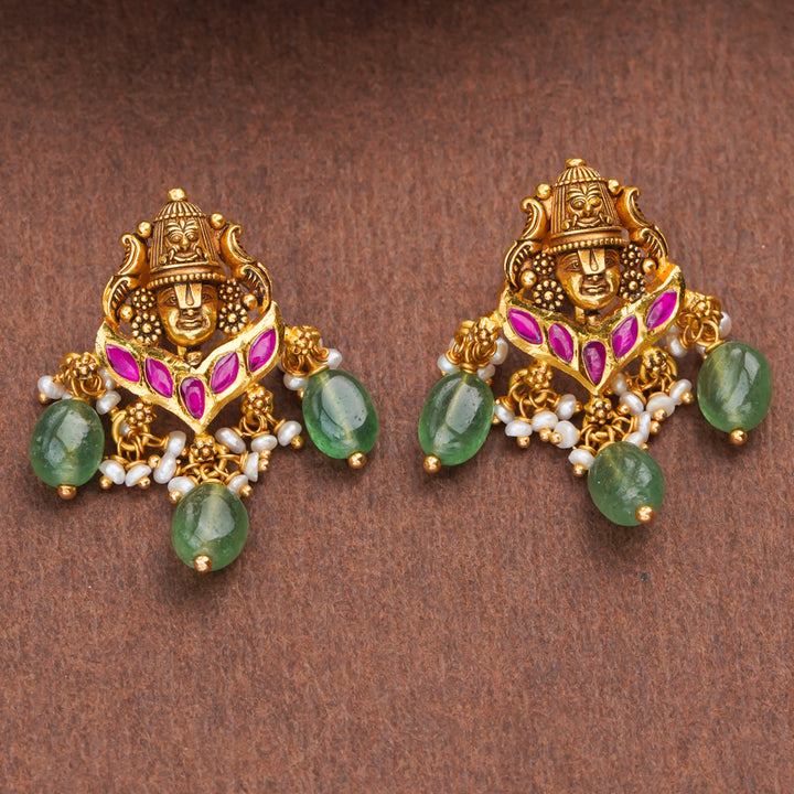 Temple Balaji Gold Earrings with Emerald Drops