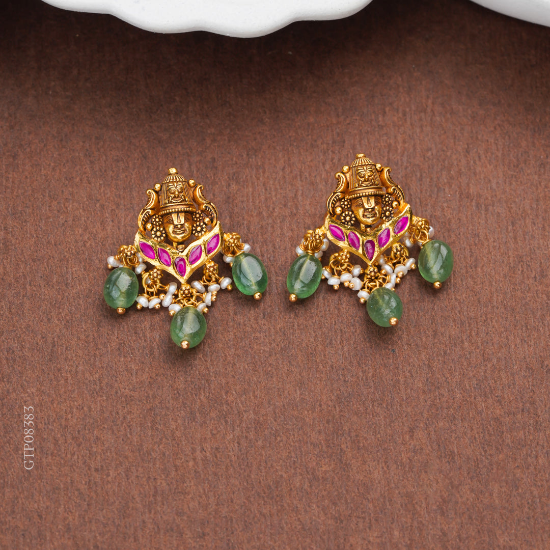 Temple Balaji Gold Earrings with Emerald Drops