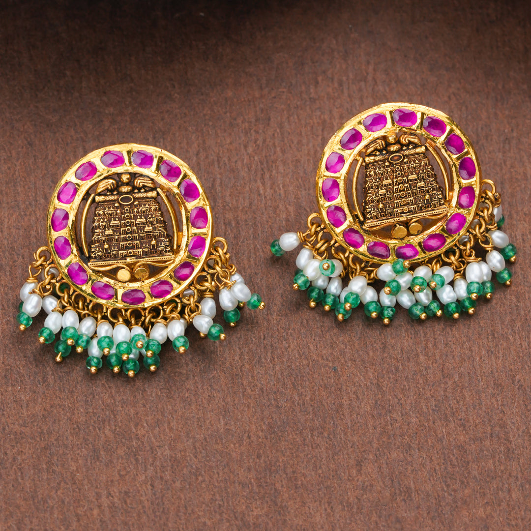 Temple Tirumala Balaji Gold Earrings with Pearl Danglers