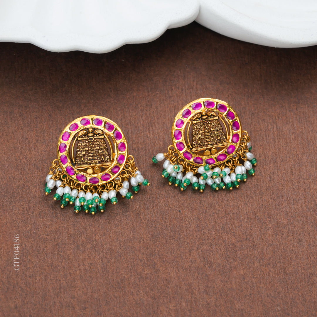 Temple Tirumala Balaji Gold Earrings with Pearl Danglers