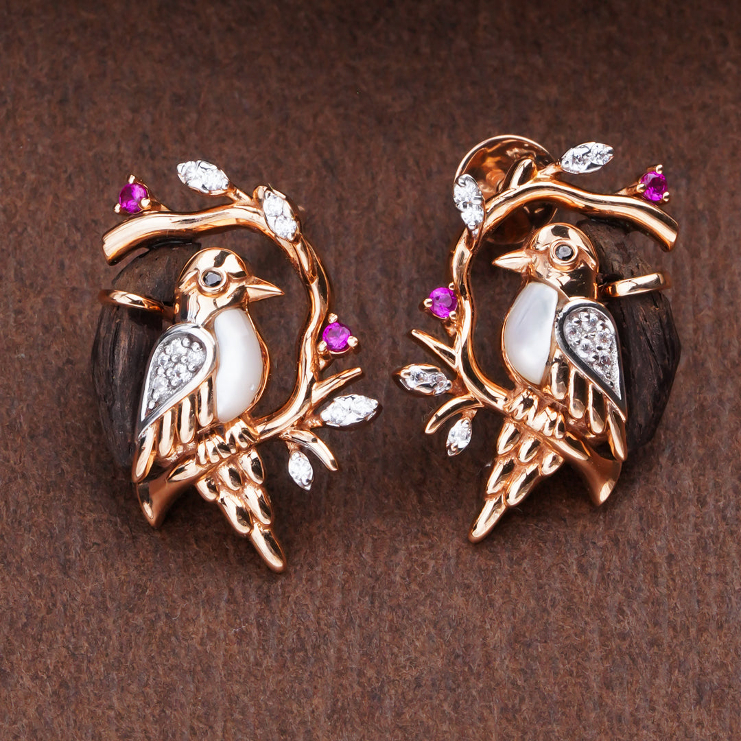 Rose Gold Bird Design Earrings with Diamonds