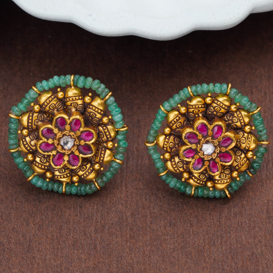 Antique Floral Gold Stud Earrings with Ruby & Emerald Beads
