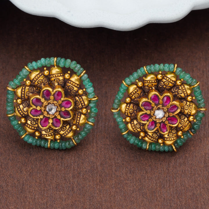 Antique Floral Gold Stud Earrings with Ruby & Emerald Beads