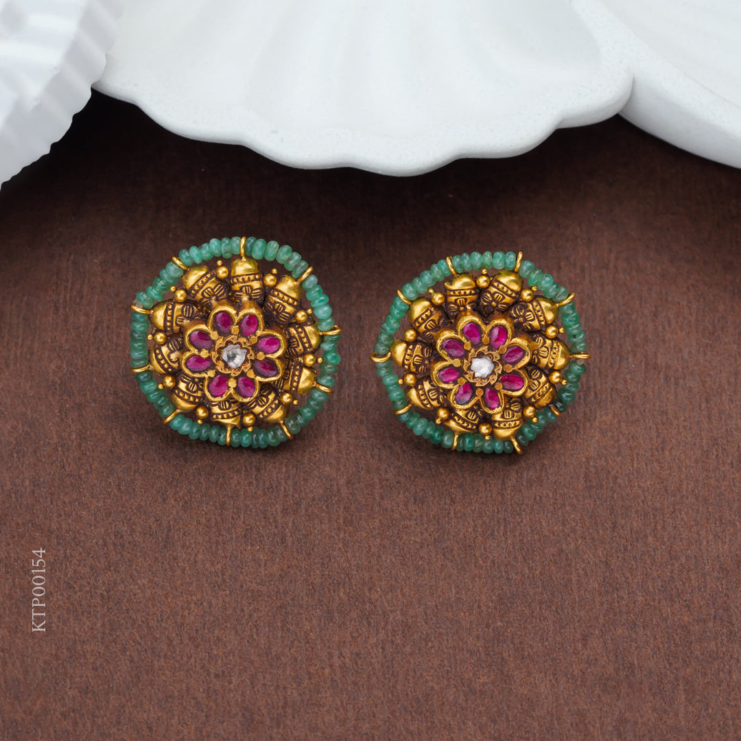 Antique Floral Gold Stud Earrings with Ruby & Emerald Beads