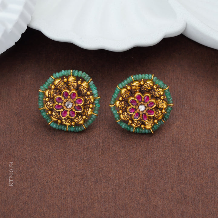 Antique Floral Gold Stud Earrings with Ruby & Emerald Beads