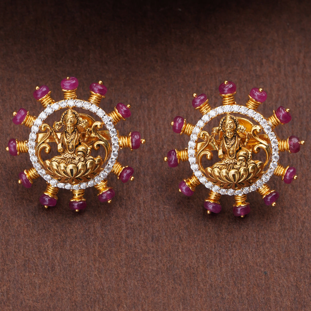 Temple Lakshmi Gold Stud Earrings with Diamond Halo