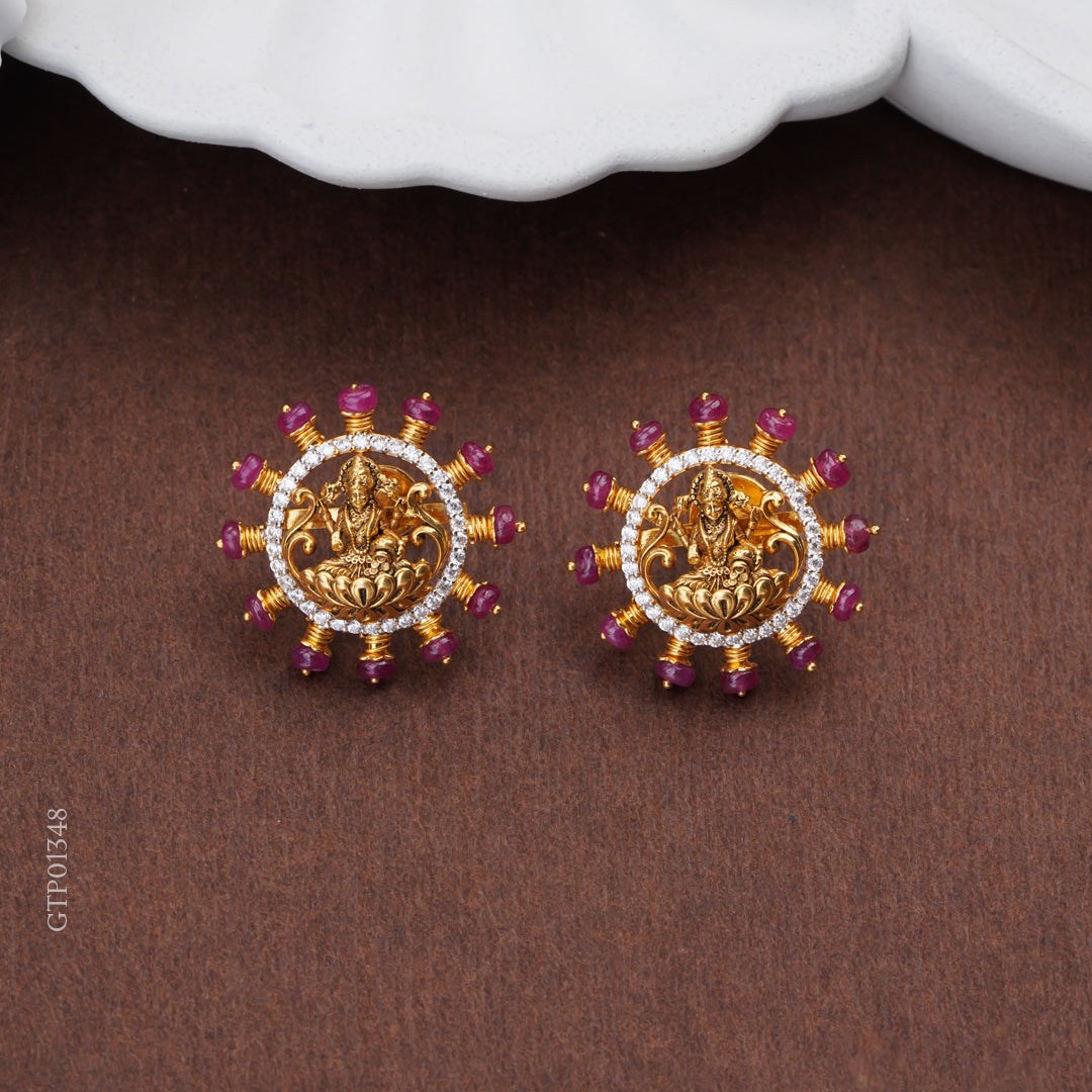 Temple Lakshmi Gold Stud Earrings with Diamond Halo