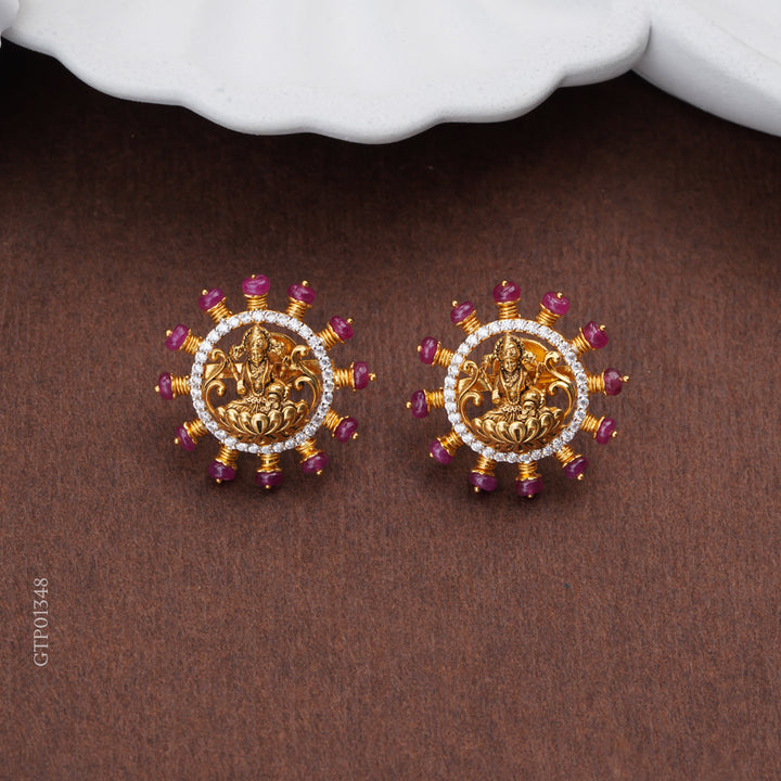 Temple Lakshmi Gold Stud Earrings with Diamond Halo